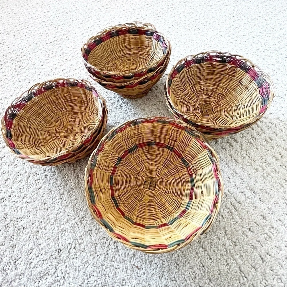 Woven Rattan Wicker Baskets Open Weave Round Stackable Xmas Vintage Set of 8